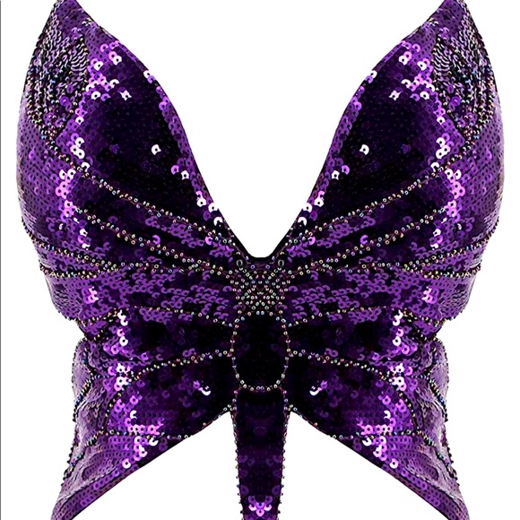 unb Tops - Butterfly Bandage Padded Bra Sequin Embroidery Tank Top purple